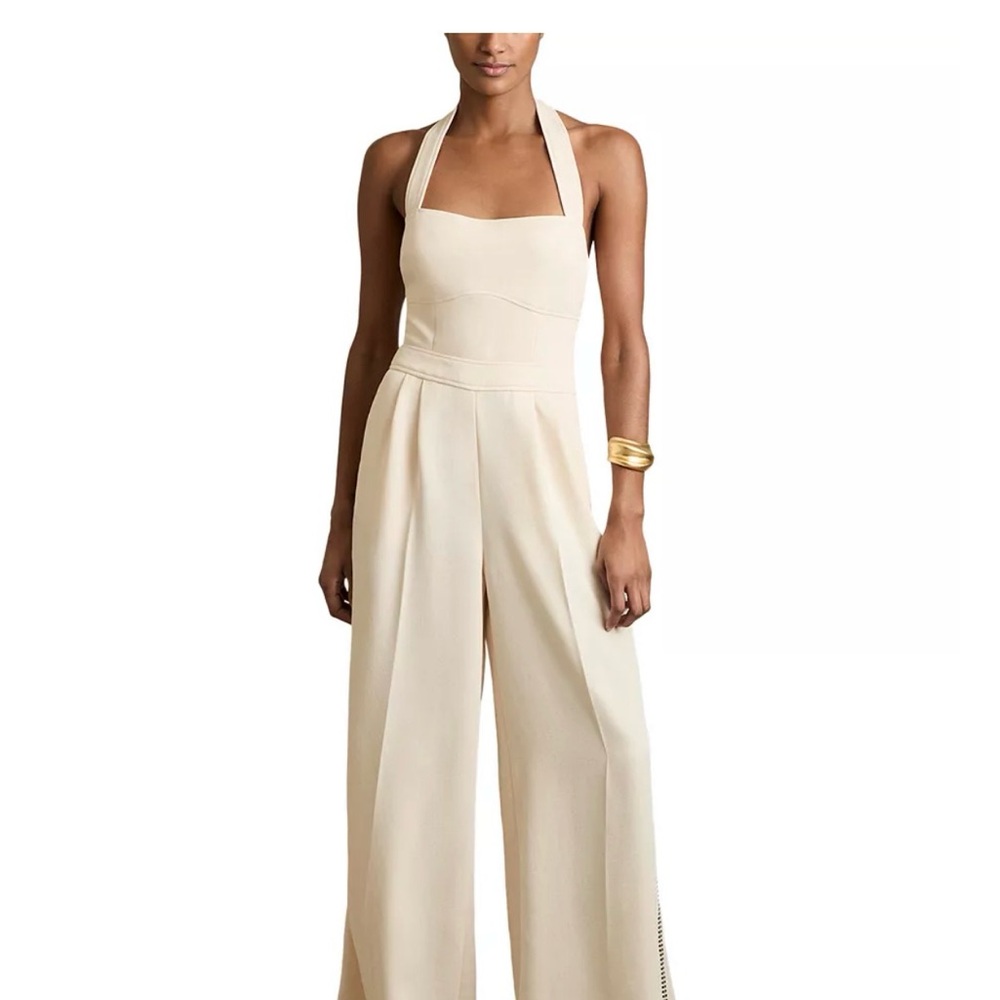Reiss Viola Whipstitched Pleated Wide Leg Halter Jumpsuit
